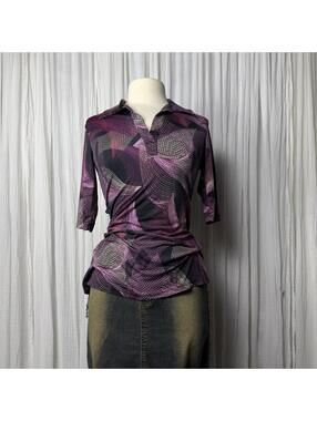 Vintage Indie Boho Hippie Grunge Fairy Abstract Print Polo Spandex Top (M)